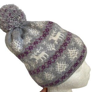 Vintage Pom Pom Ski Hat Mountain Ladies and Ewe Gray Purple Wool Made in Vermont